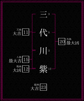 三代川紫さんの姓名鑑定結果。天格、人格、地格、外格