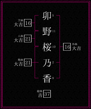 卯野桜乃香さんの姓名鑑定結果。天格、人格、地格、外格
