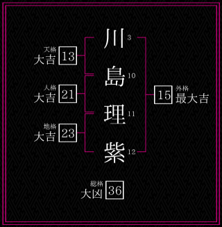 川島理紫さんの姓名鑑定結果。天格、人格、地格、外格