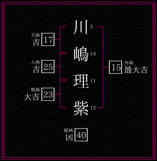 川嶋理紫さんの姓名鑑定結果。天格、人格、地格、外格