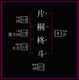 片桐柊斗さんの姓名鑑定結果。天格、人格、地格、外格