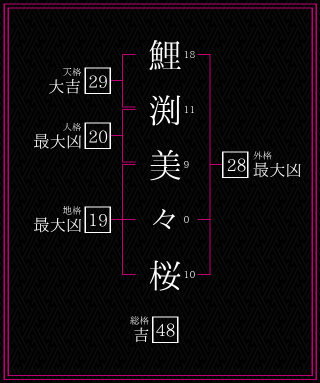 鯉渕美々桜さんの姓名鑑定結果。天格、人格、地格、外格